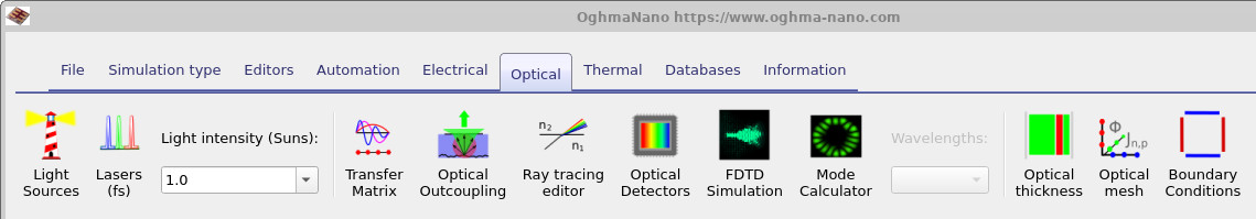 The Optical ribbon in OghmaNano, showing the Optical mesh button used to open the optical mesh editor.