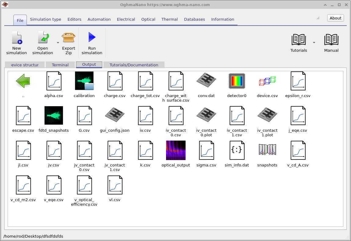 Output tab listing the files produced by the coupled perovskite FDTD and drift-diffusion simulation.
