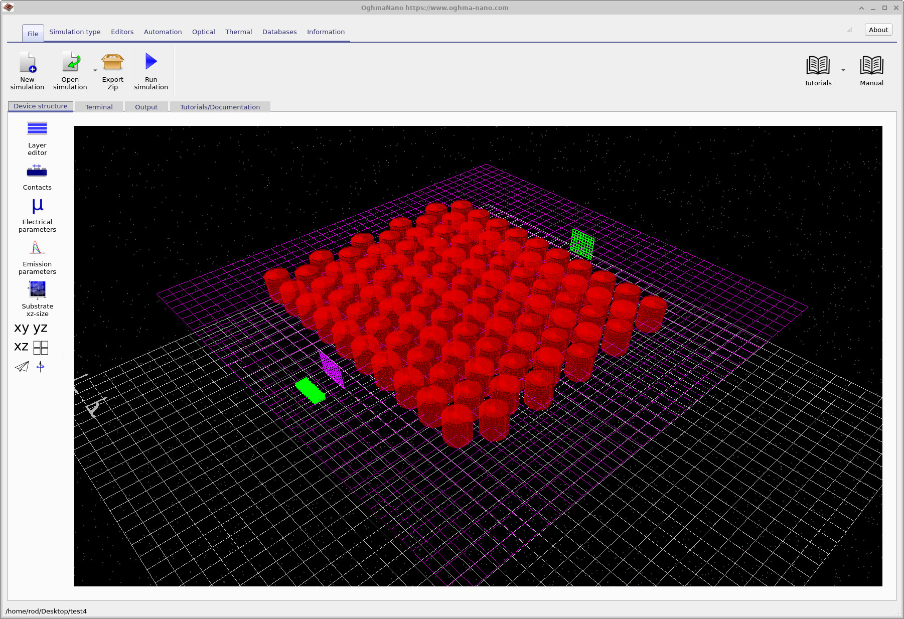 Main OghmaNano interface showing the Run Simulation button and a 3D view of a photonic crystal made from a square array of red dielectric pillars, with purple and green detector planes.