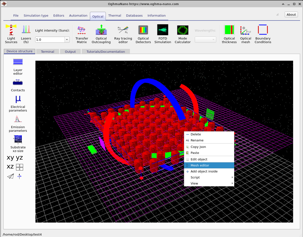 Right-click context menu on the photonic crystal with the Mesh editor option highlighted.