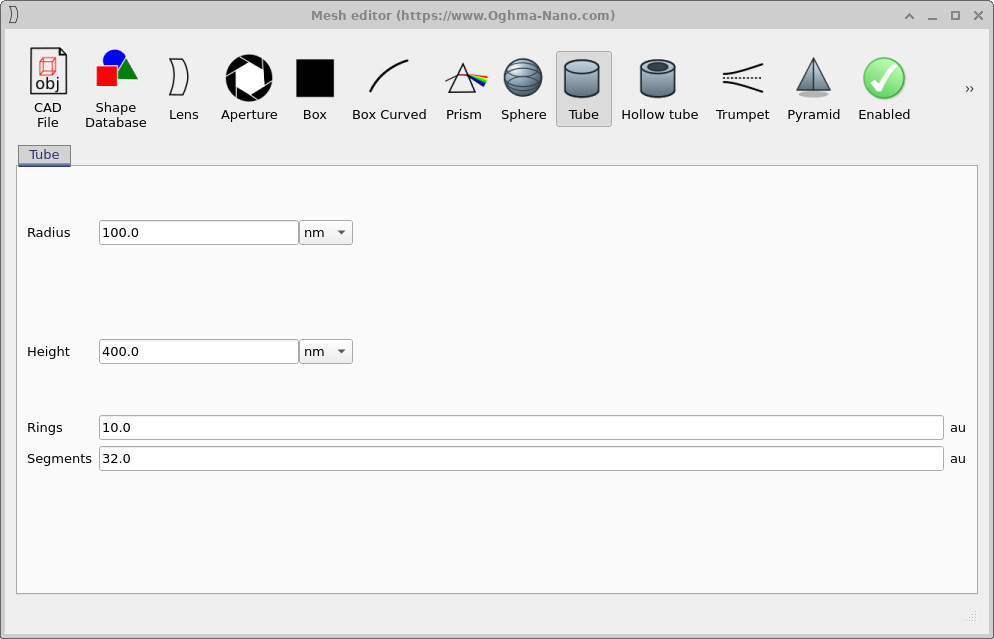 Mesh editor showing a Tube primitive with radius 100 nm, height 400 nm, 10 rings and 32 segments.