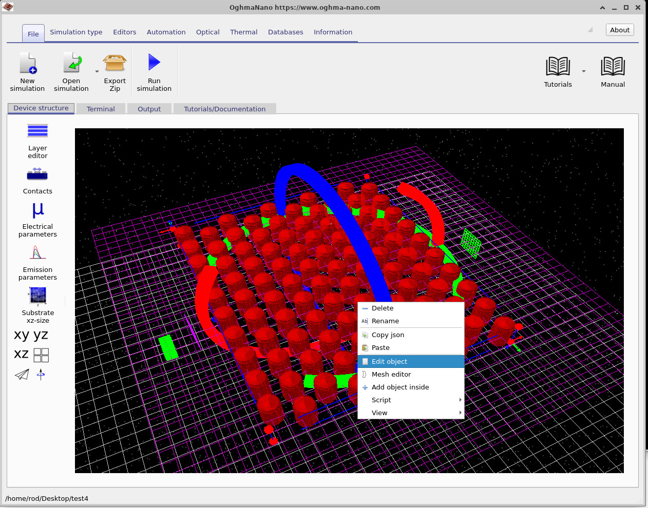 Right-click context menu on the photonic crystal with the Edit object option highlighted.