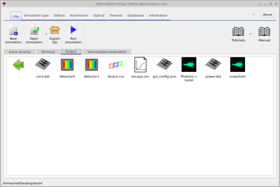 OghmaNano Output tab displaying the simulation working directory with result files such as detector0, detector1, snapshots, power.dat, and device.csv.