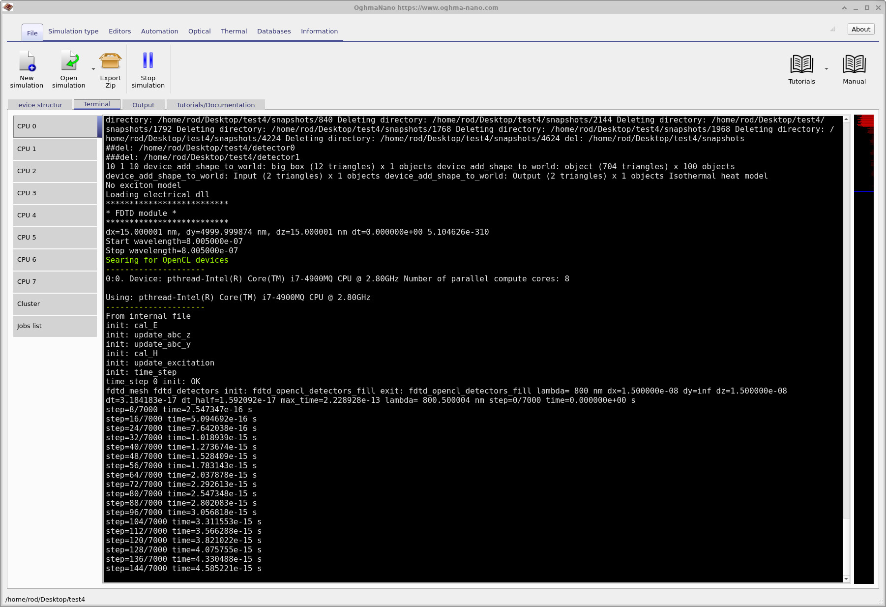 OghmaNano Output tab while the FDTD simulation is running, showing progress messages, solver initialization and time-step information.
