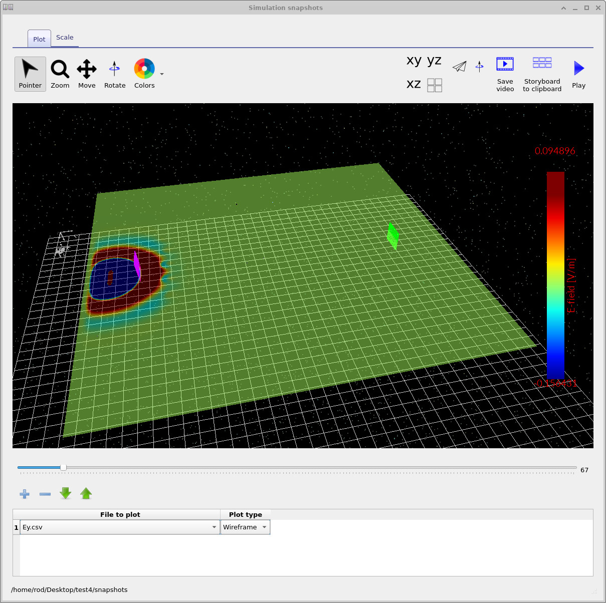OghmaNano simulation snapshot viewer showing the Ey component of the electric field as a coloured wireframe surface, with a time slider beneath the plot.
