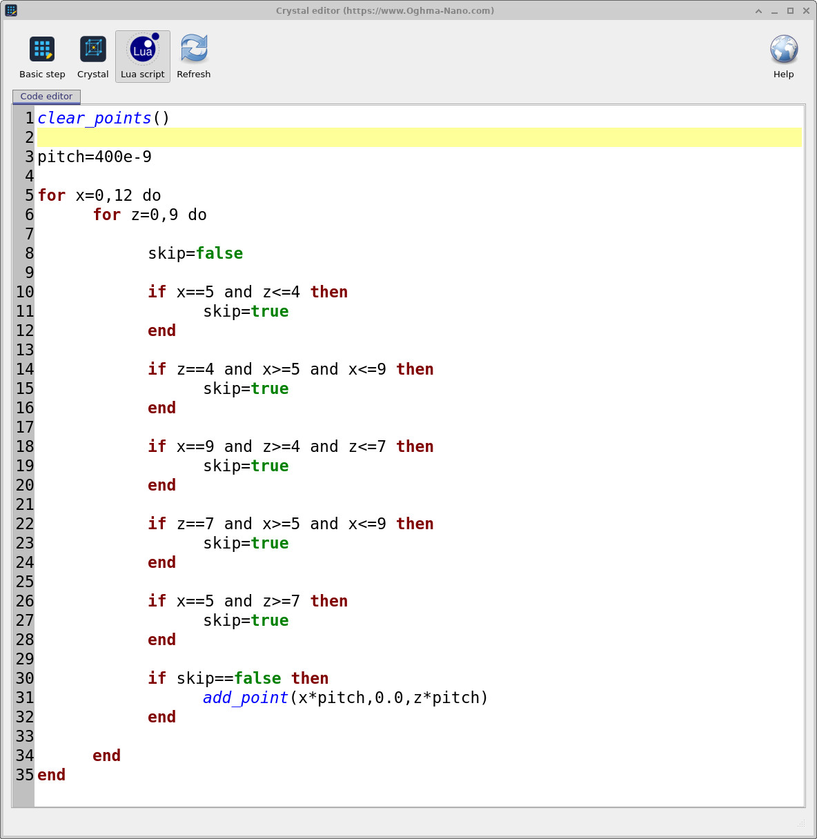 Lua script editor generating the photonic crystal lattice with clear_points and add_point inside two nested for loops, with conditions that skip selected pillars.