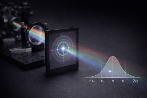 Conceptual illustration of a multi-element optical system where performance is evaluated using figures of merit such as spot size and encircled energy