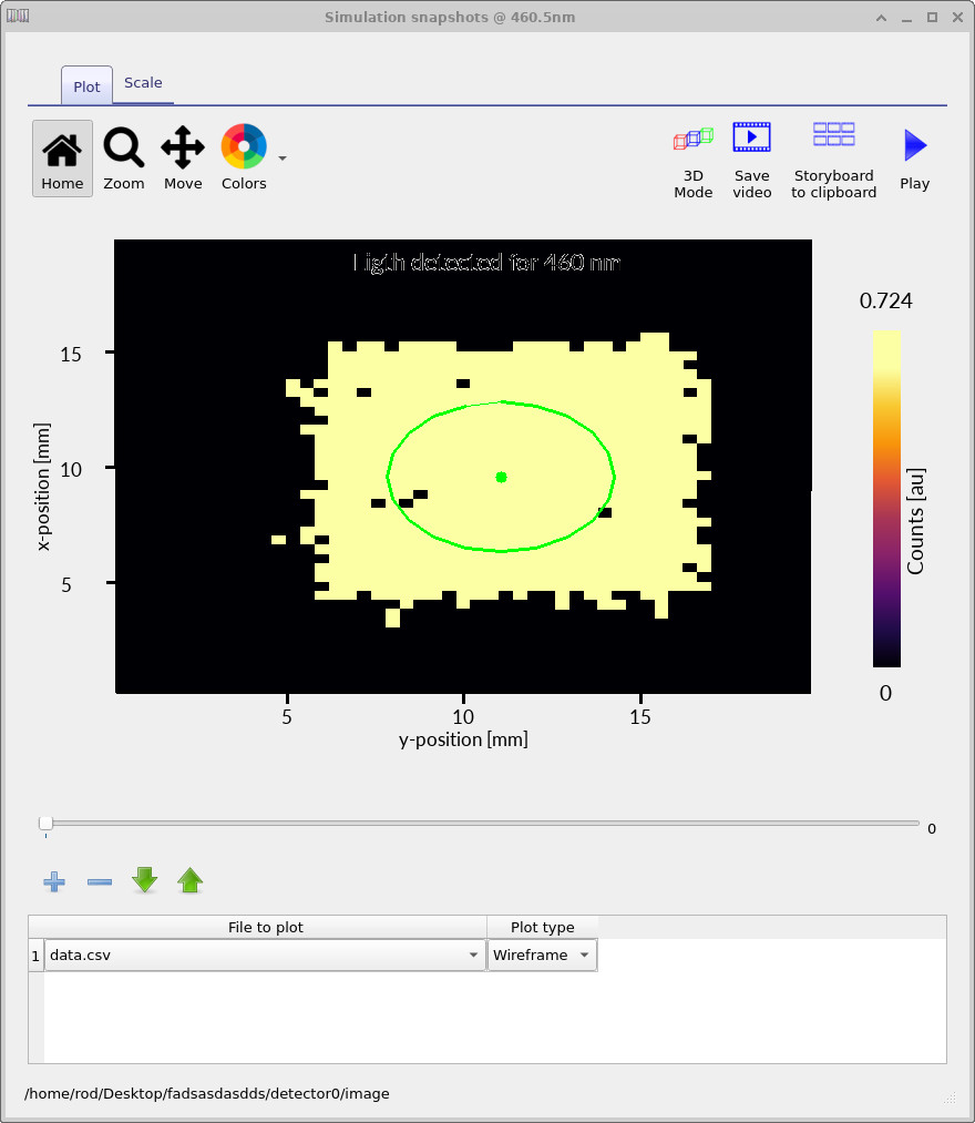Simulation snapshots viewer showing detector intensity at a single wavelength with a slider to step through wavelengths
