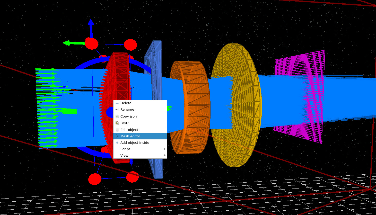 Right-click menu on first Cooke triplet element showing the mesh editor option