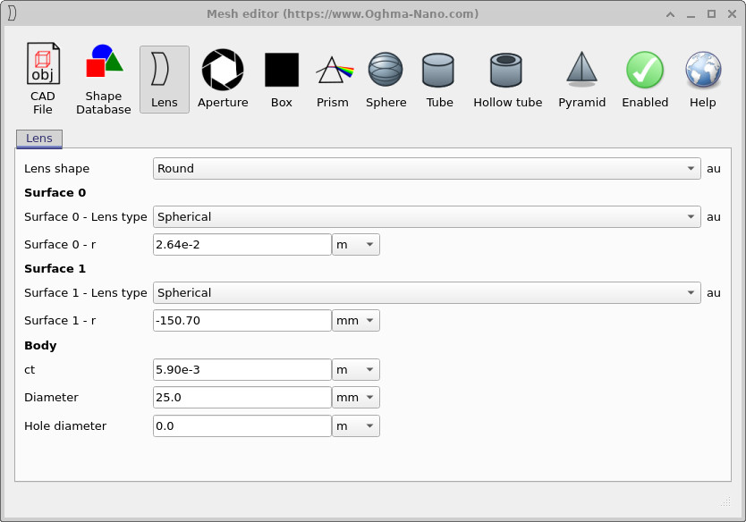 Mesh editor showing the original surface curvature of the first lens element