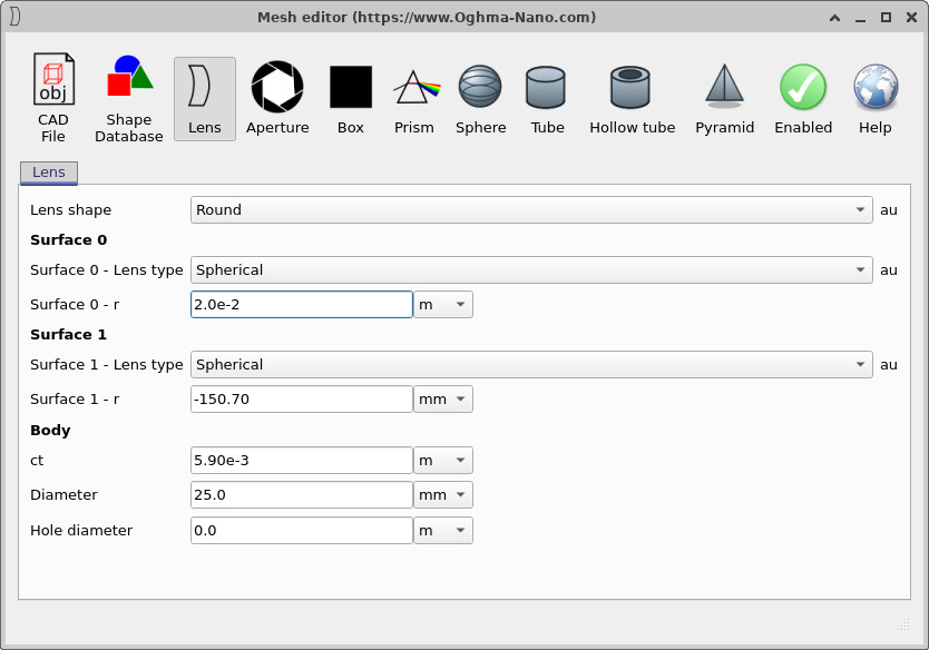 Mesh editor with updated surface curvature for the first lens element