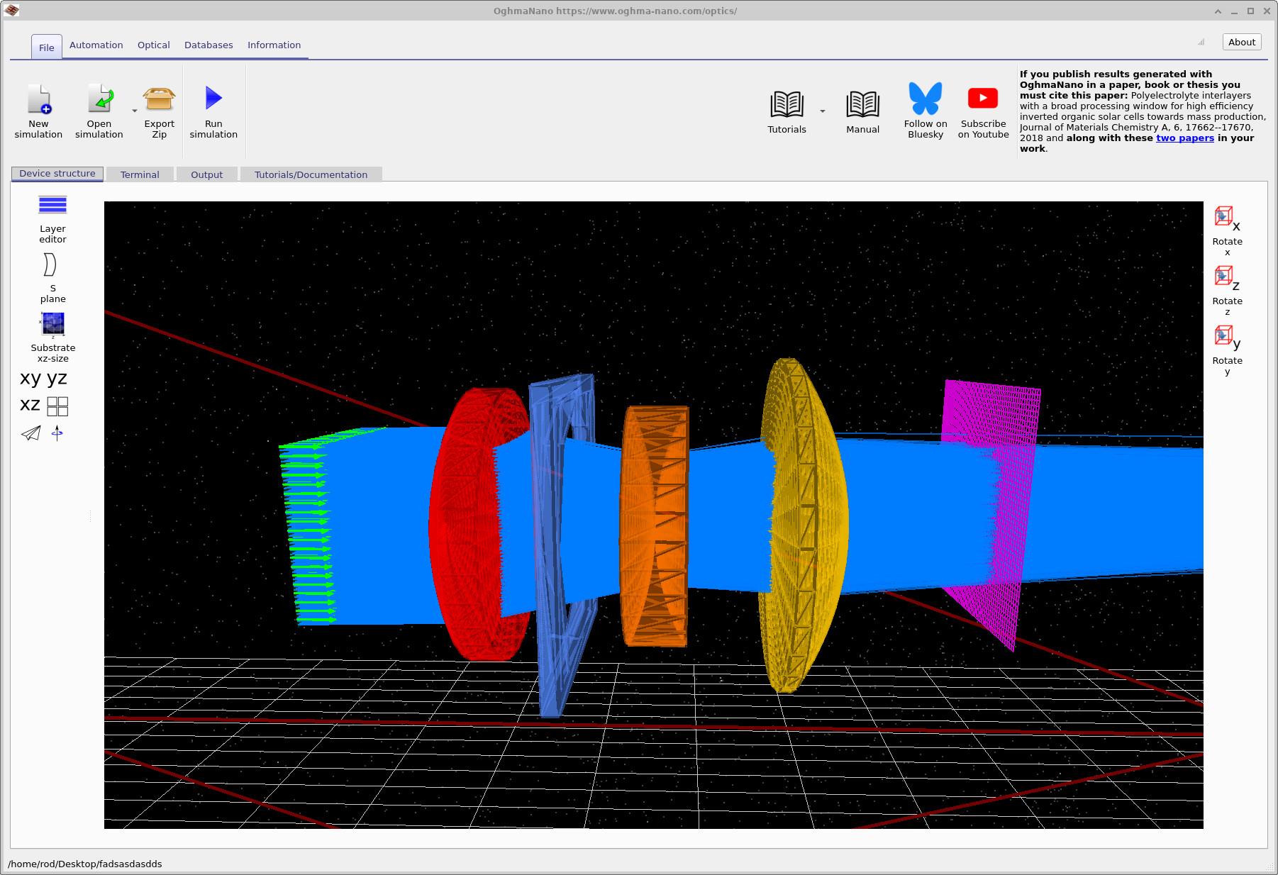 3D ray-tracing view showing rays propagating from the source through the Cooke triplet to the detector plane