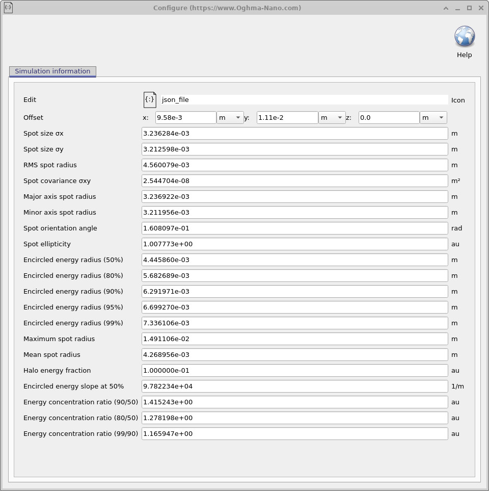 Detector statistics window listing spot size, encircled energy radii, and energy concentration metrics