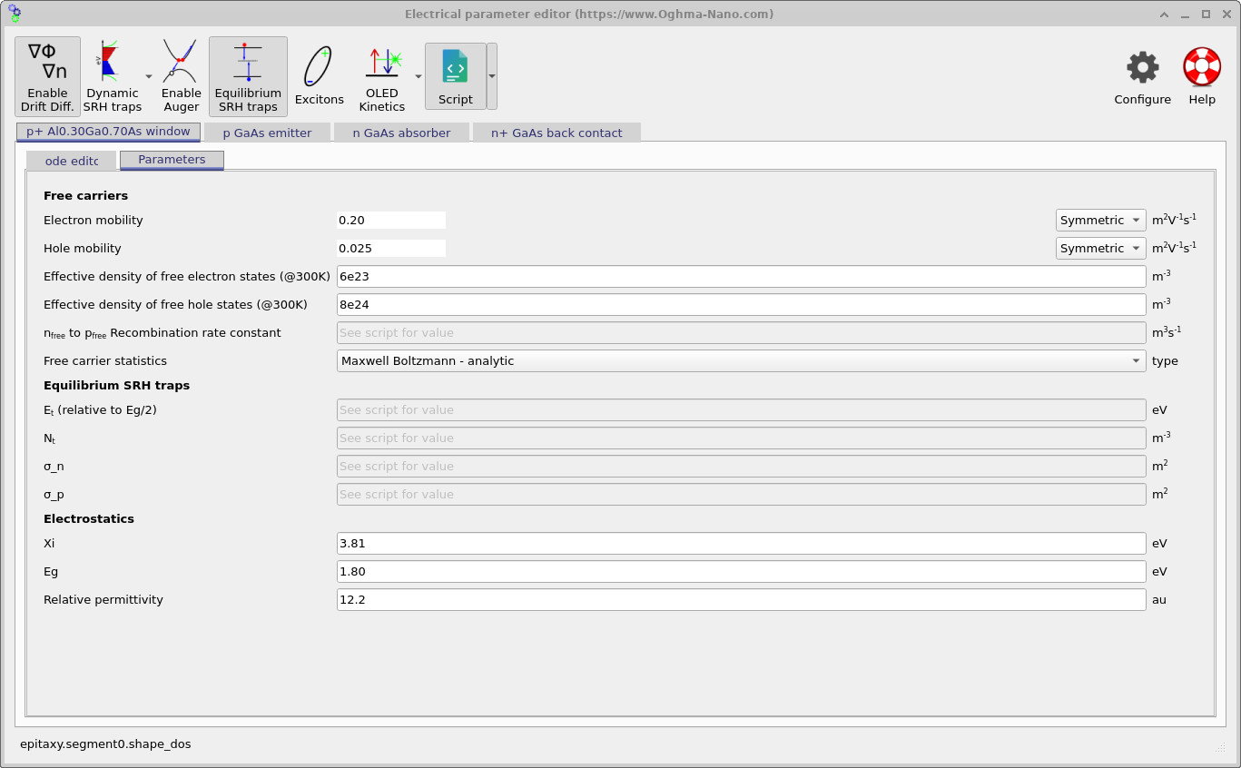 OghmaNano Parameters tab showing carrier mobilities, densities of states, recombination parameters, bandgap, electron affinity and permittivity