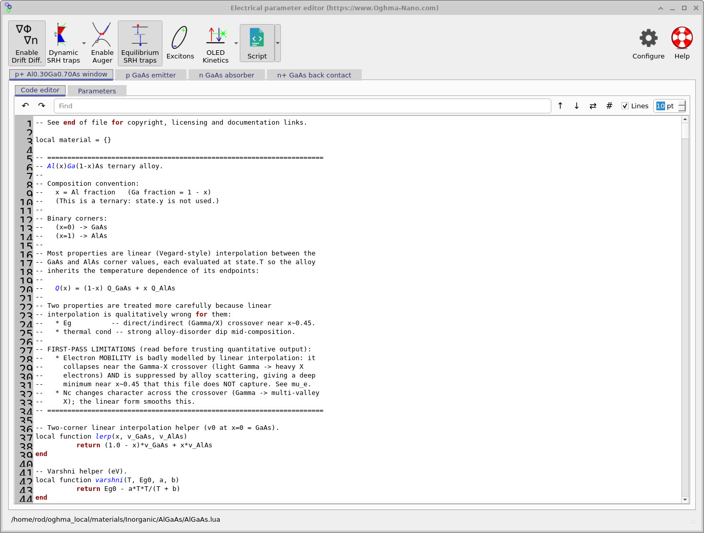 OghmaNano Electrical parameter editor showing the AlGaAs Lua material script and controls for drift-diffusion, SRH traps, Auger recombination and excitons