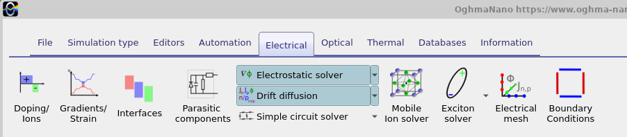 OghmaNano Electrical ribbon showing the Doping/Ions and Gradients/Strain controls