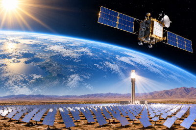 Satellite orbiting Earth and a terrestrial solar installation, illustrating applications of III-V photovoltaic technology