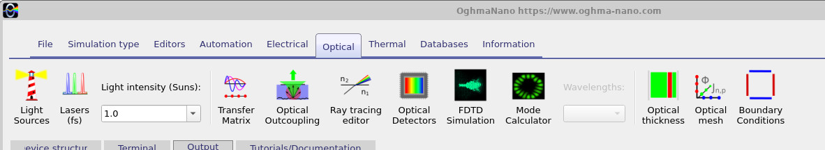 OghmaNano Optical ribbon showing the Transfer Matrix button and optical simulation controls