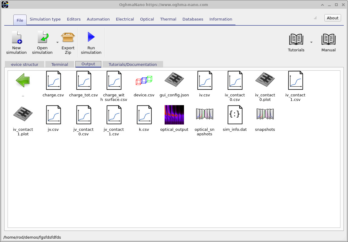 OghmaNano Output tab showing simulation files including jv.csv, sim_info.dat, optical_output and snapshots