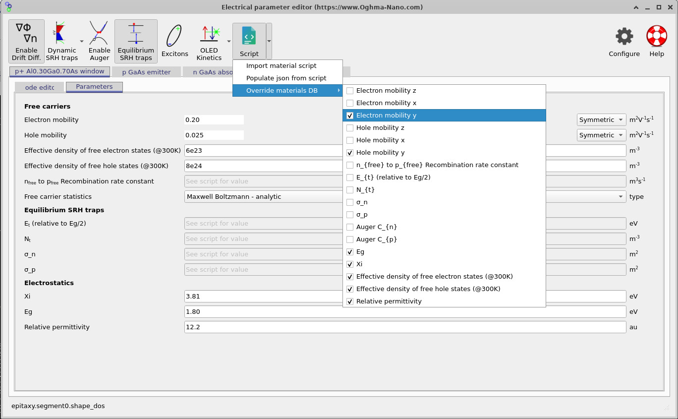 OghmaNano Script menu displaying the individual material database override options