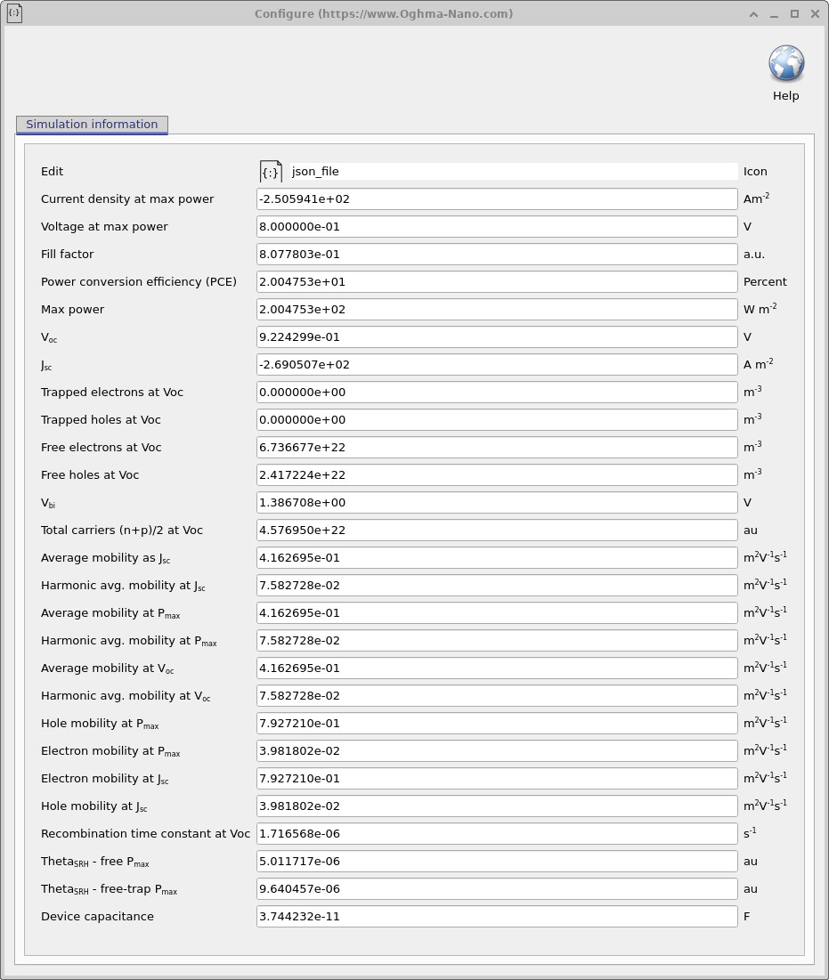 OghmaNano Simulation information window reporting a power conversion efficiency of 20.05 percent, fill factor of 80.78 percent and open-circuit voltage of 0.922 V