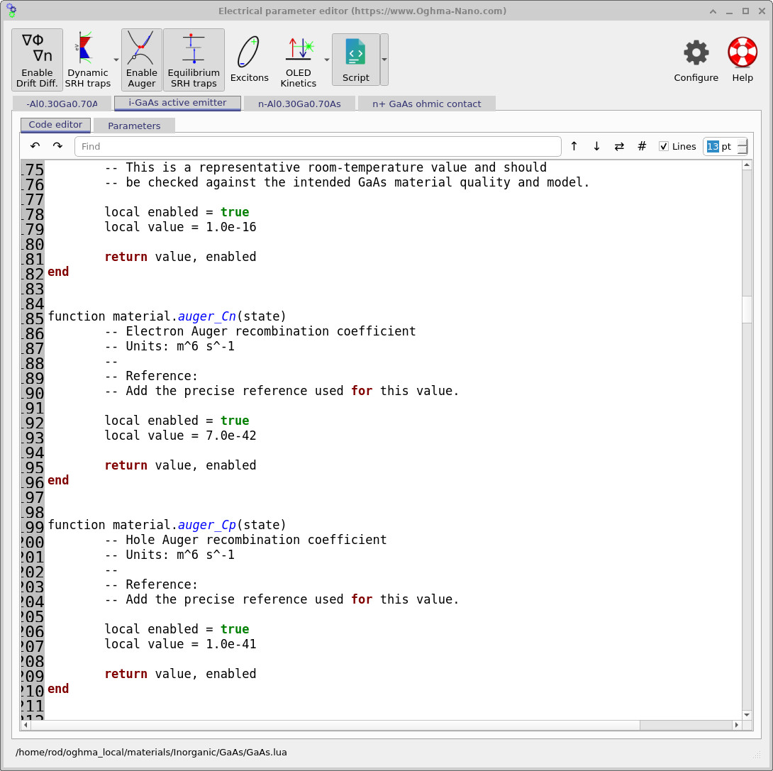 The electrical parameter editor displaying the Lua material script and associated density-of-states or transport properties.