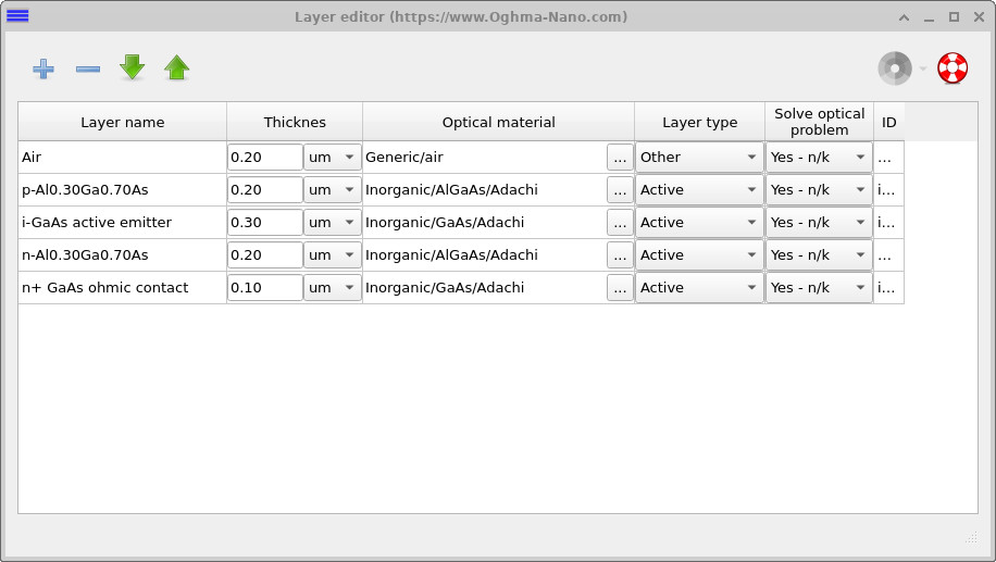 The Layer editor showing the reference GaAs/AlGaAs stack and its individual layers.