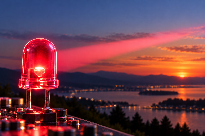 An illuminated near-infrared GaAs LED mounted on an electronic circuit, with an evening landscape behind it
