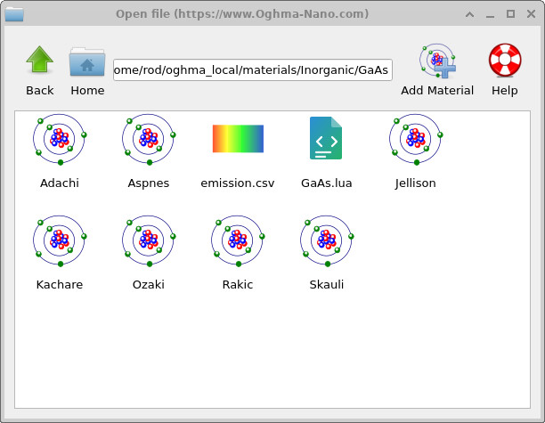 The GaAs entry in the Materials database , with optical data, emission.csv and the Lua electrical material script.