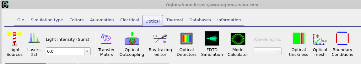 The Optical ribbon, from which the outcoupling and escape-probability views can be opened.