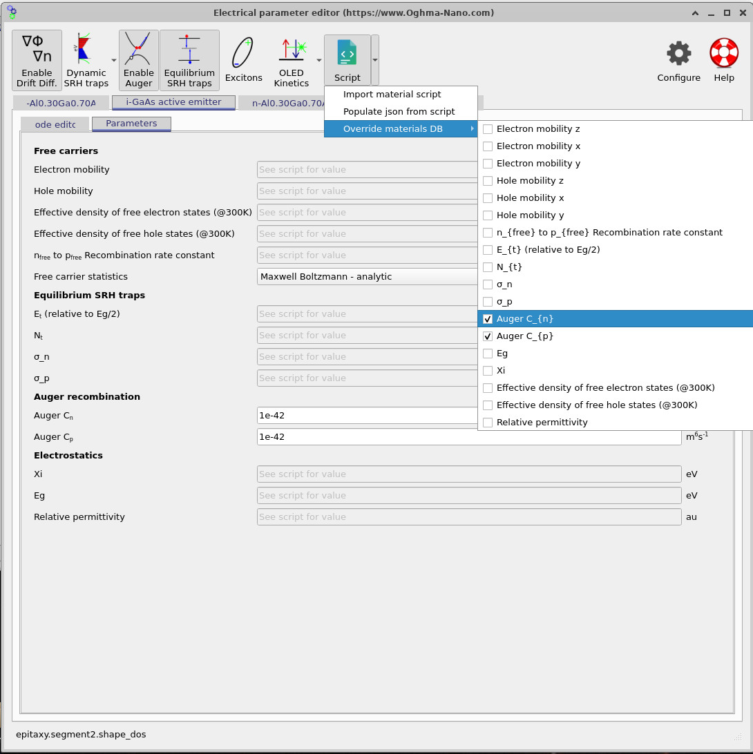 The override selector, where individual parameters such as the Auger terms can be switched from database values to device-specific values.