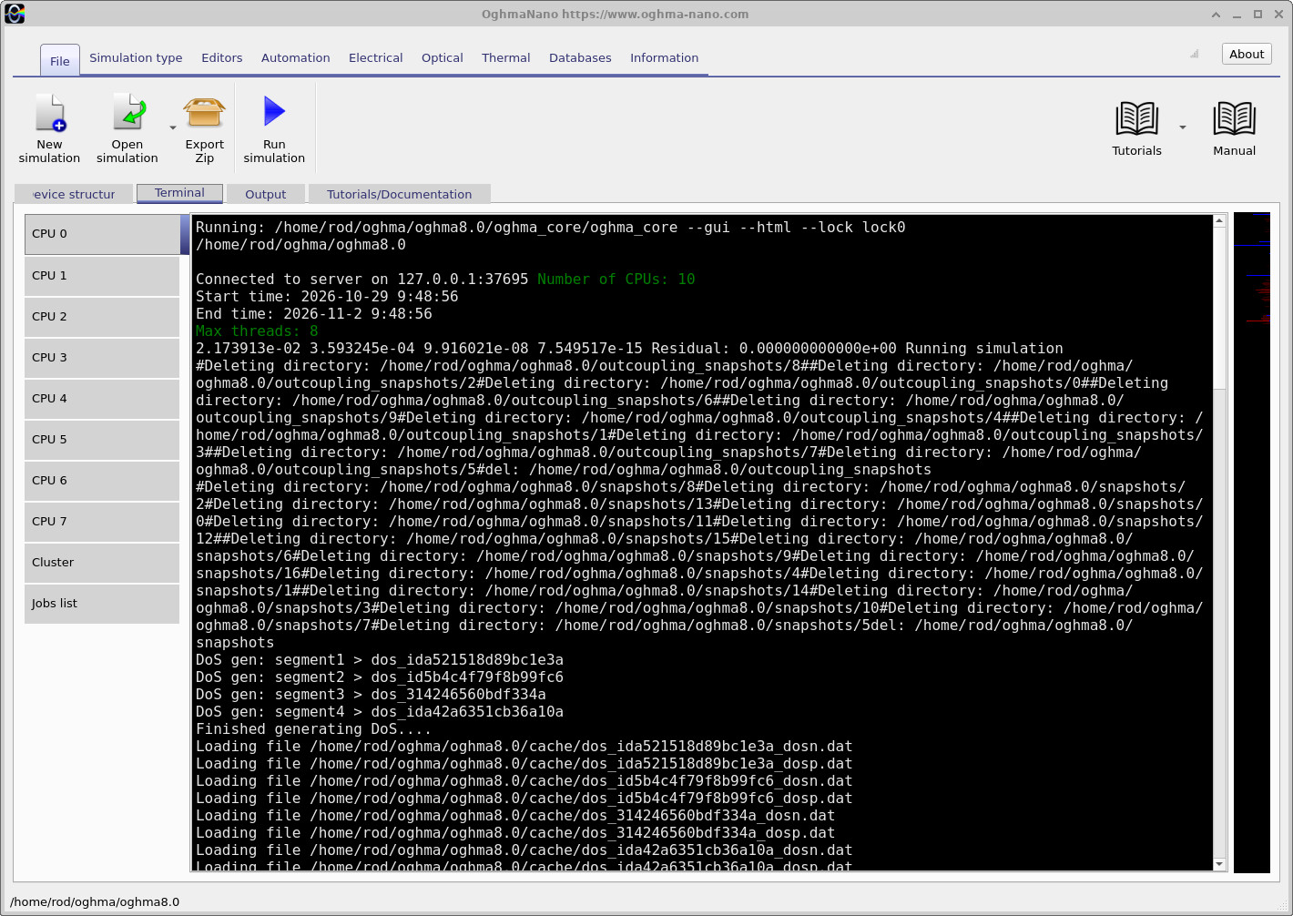 The terminal while the LED simulation is running: solver messages document the progress of the calculation.