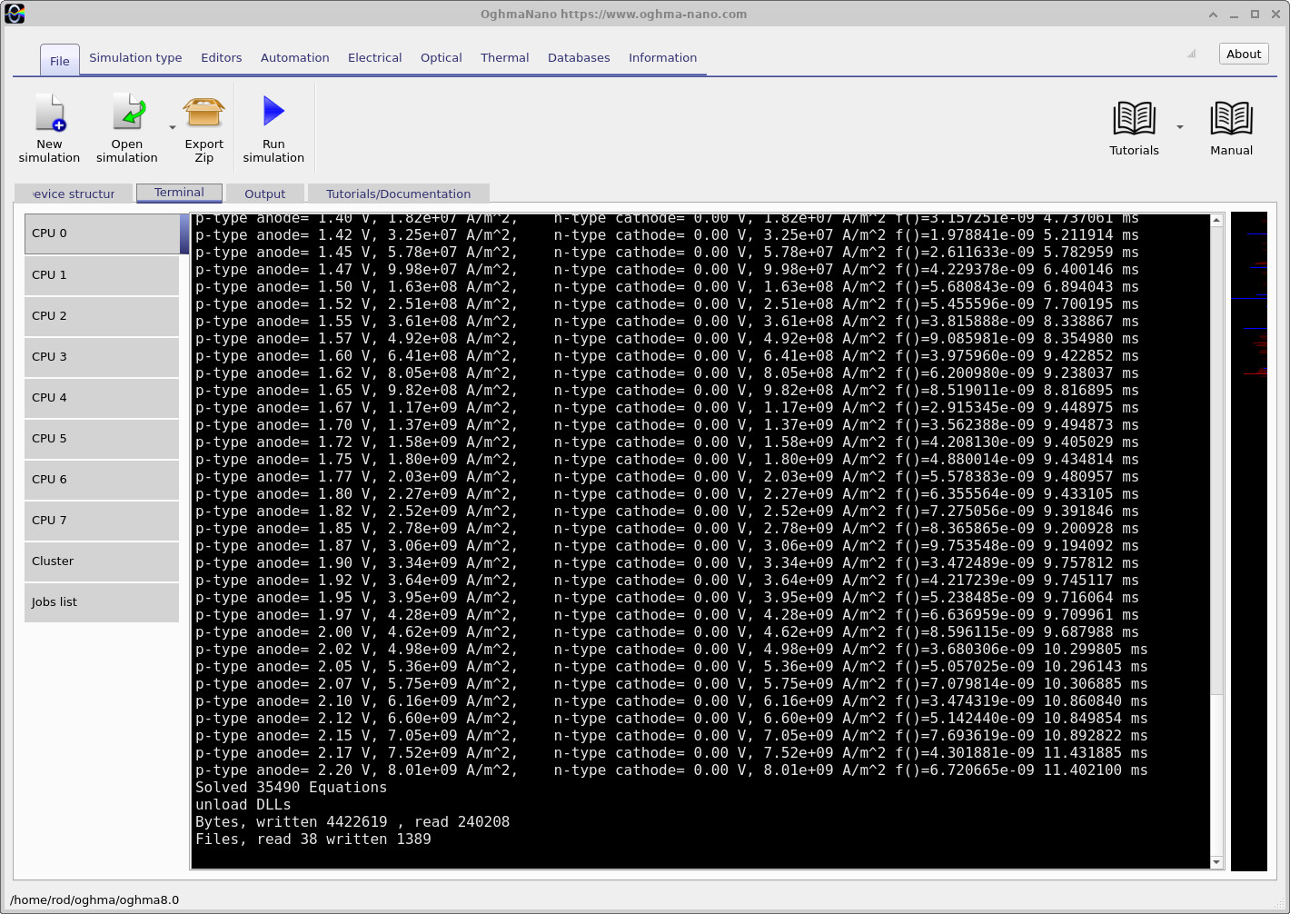 Additional terminal output from the voltage sweep. Return to Output when the run is complete.