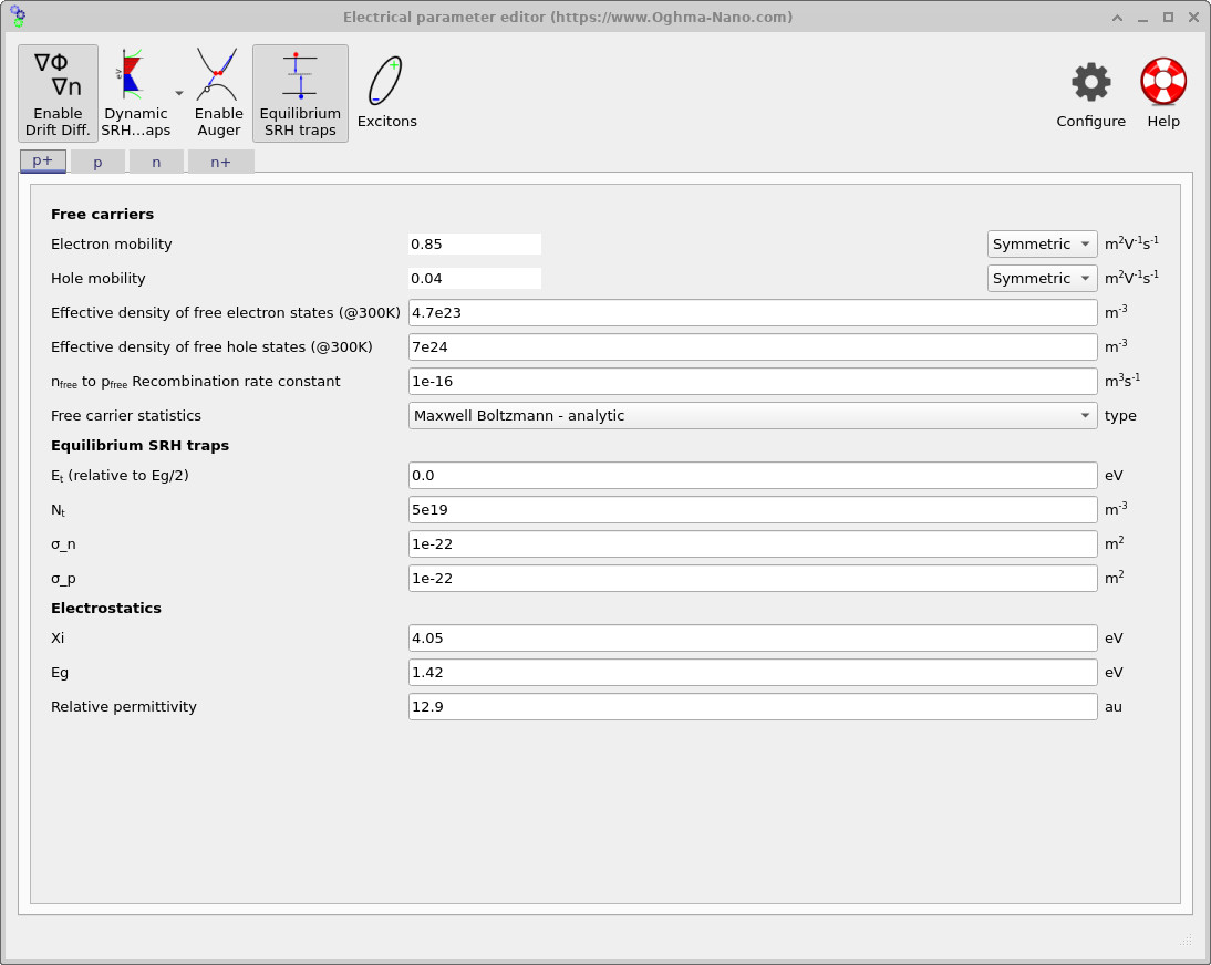 Electrical parameter editor for the p+ gallium arsenide (GaAs) region