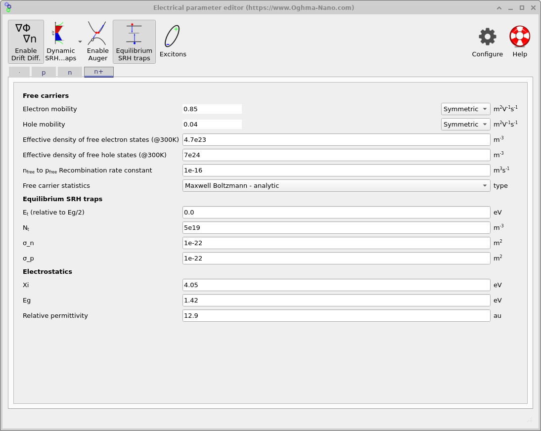 Electrical parameter editor for the n+ gallium arsenide (GaAs) region