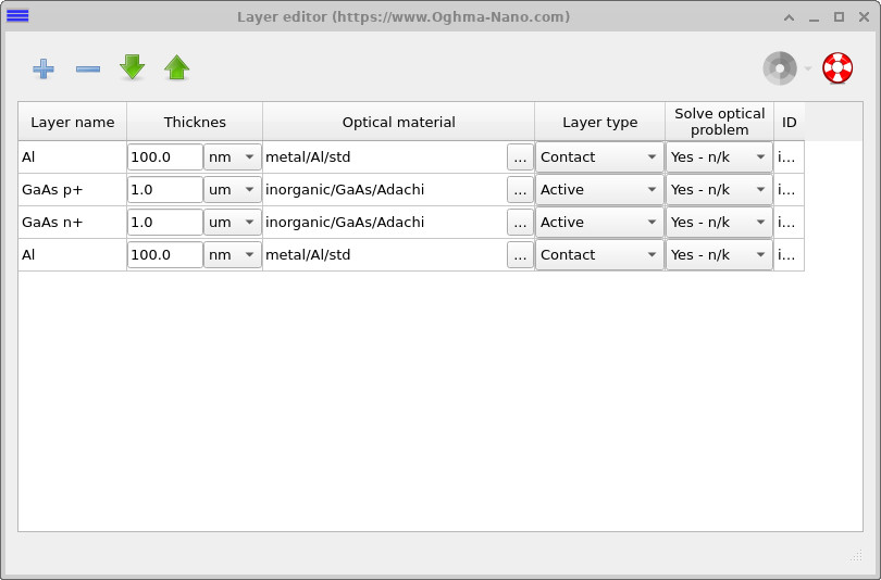 Layer editor showing GaAs layers and a top aluminium contact with thickness set to 100 nm.