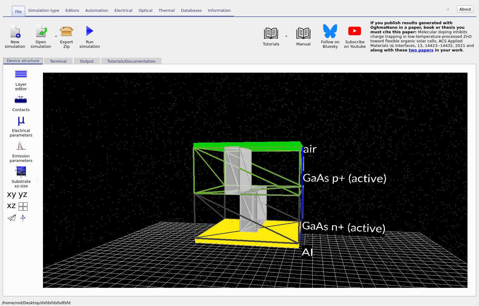 Main OghmaNano window showing a 3D GaAs diode structure with a vertical defect region.