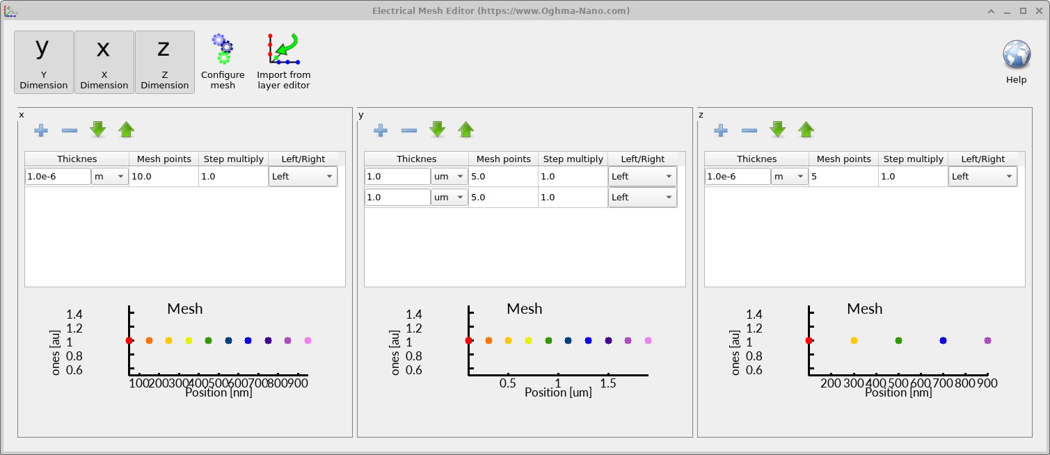 Mesh editor showing x, y and z enabled for a full 3D simulation.