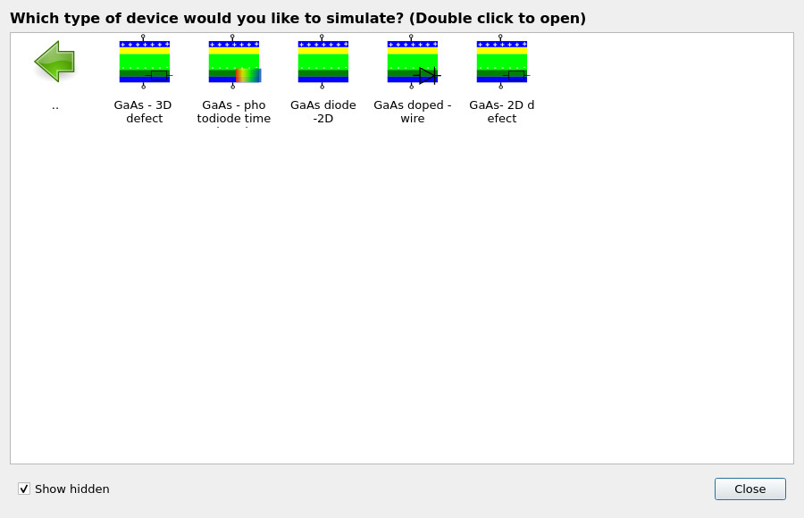 GaAs demos folder showing multiple GaAs example projects including GaAs - 3D defect.