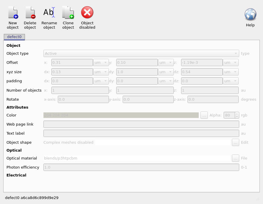 Object editor showing the defect object disabled with a red cross and greyed out fields.