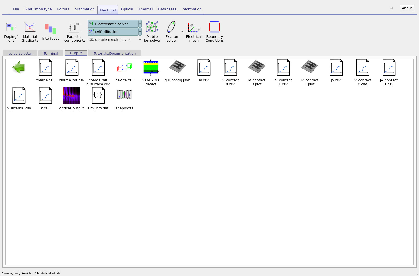 Output tab showing result files including device model, snapshots, and contact-resolved JV files.