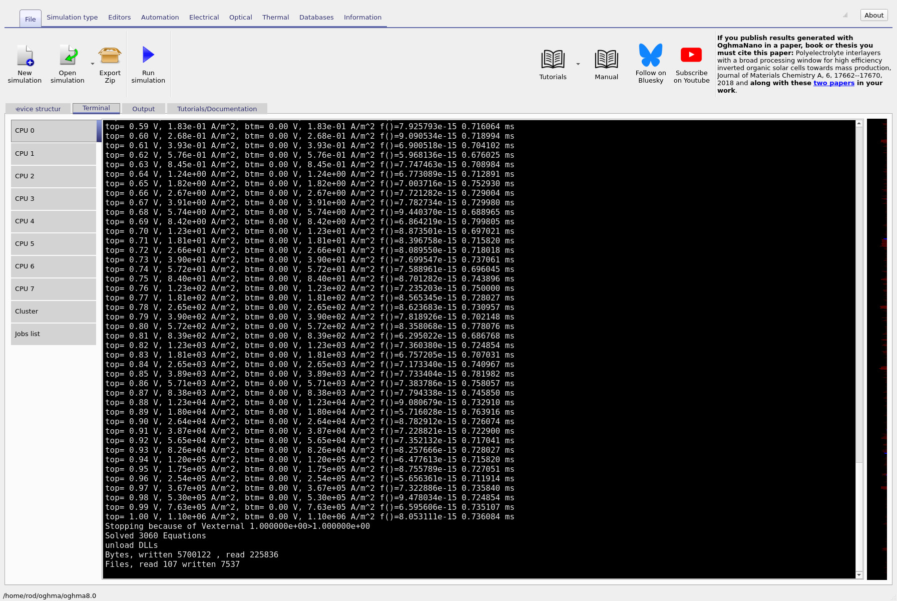 Terminal output from the 1D simulation showing near-zero per-step timing.