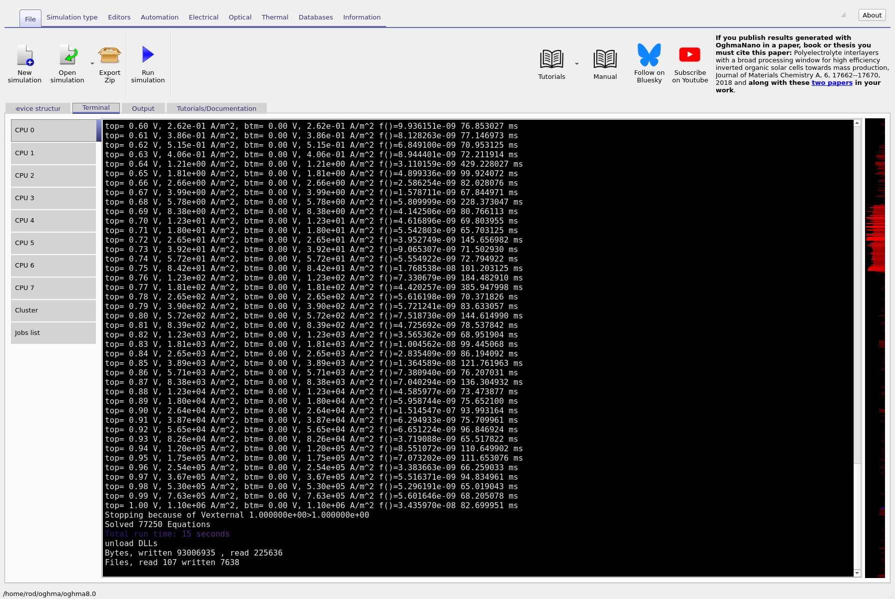 Terminal output from the 3D simulation showing per-step timing in milliseconds.