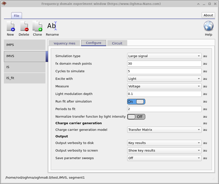 IMVS Configure tab showing excitation, measurement, modulation depth and output options.