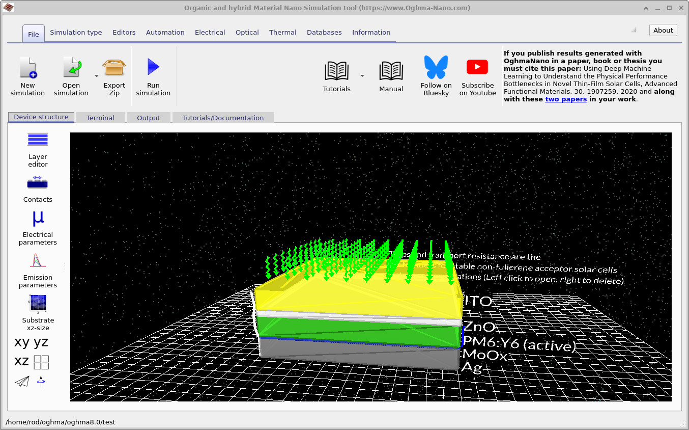 Main OghmaNano window showing the 3D device stack and Run simulation button.