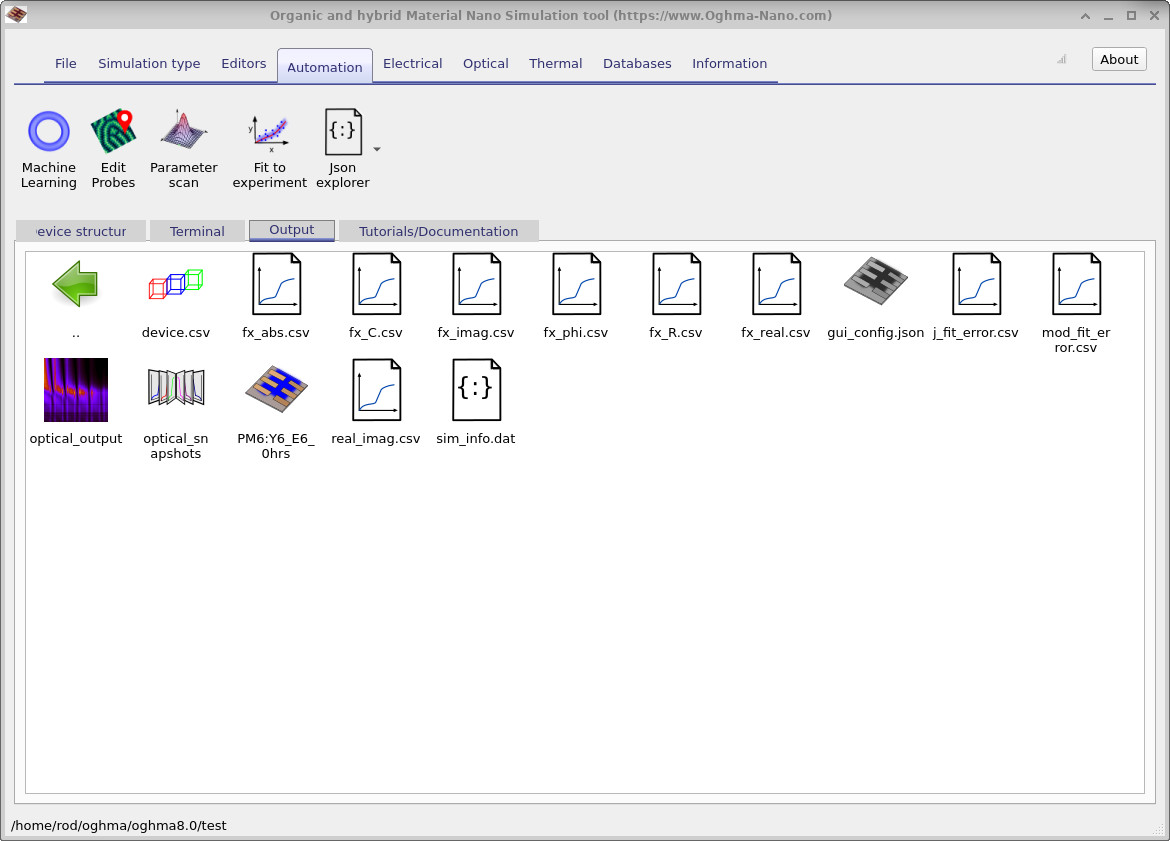 Output tab in OghmaNano showing IMVS result files such as fx_real.csv, fx_imag.csv, fx_phi.csv, and real_imag.csv.