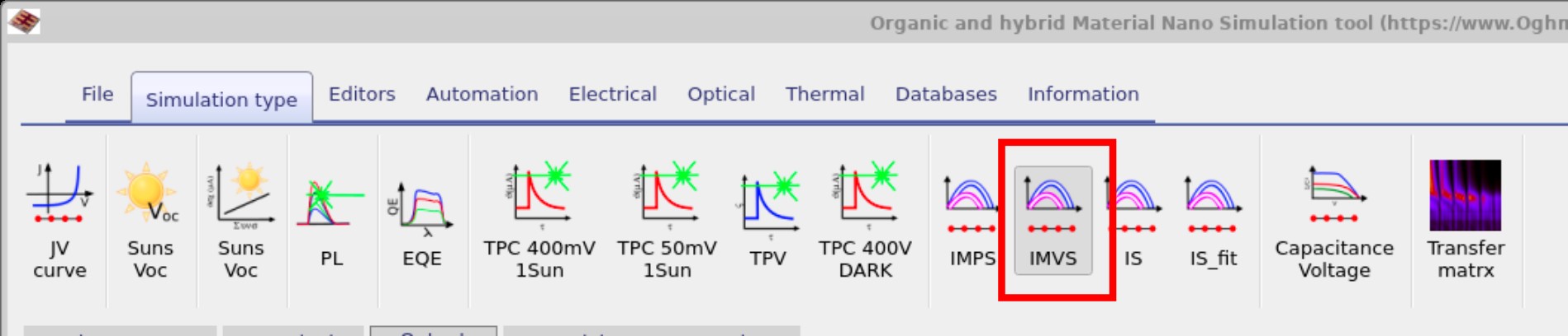 Simulation type ribbon in OghmaNano showing IMPS, IMVS, IS, and related buttons; IMVS is highlighted to indicate it should be selected.