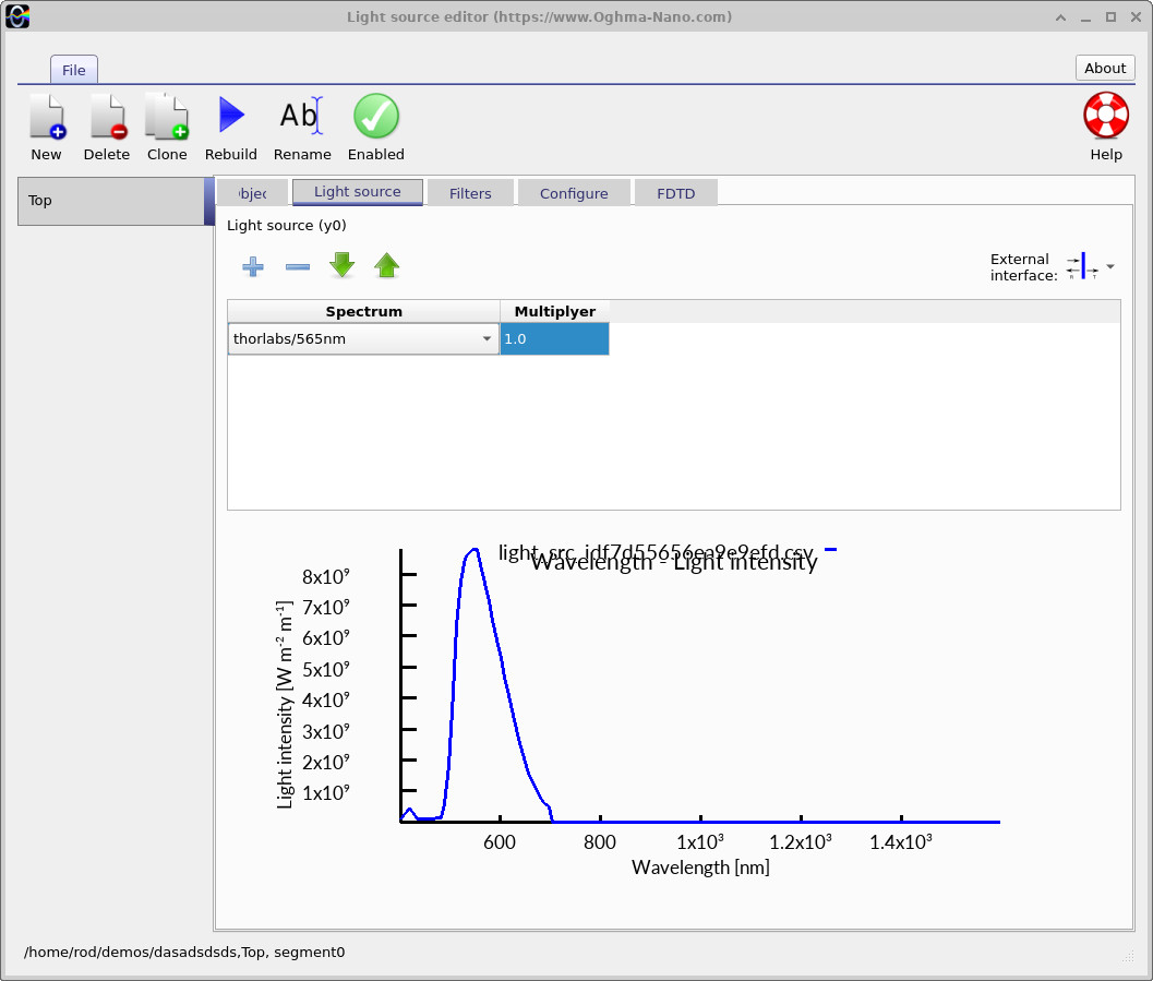 OghmaNano Light source editor displaying the spectrum of a 565 nm green LED