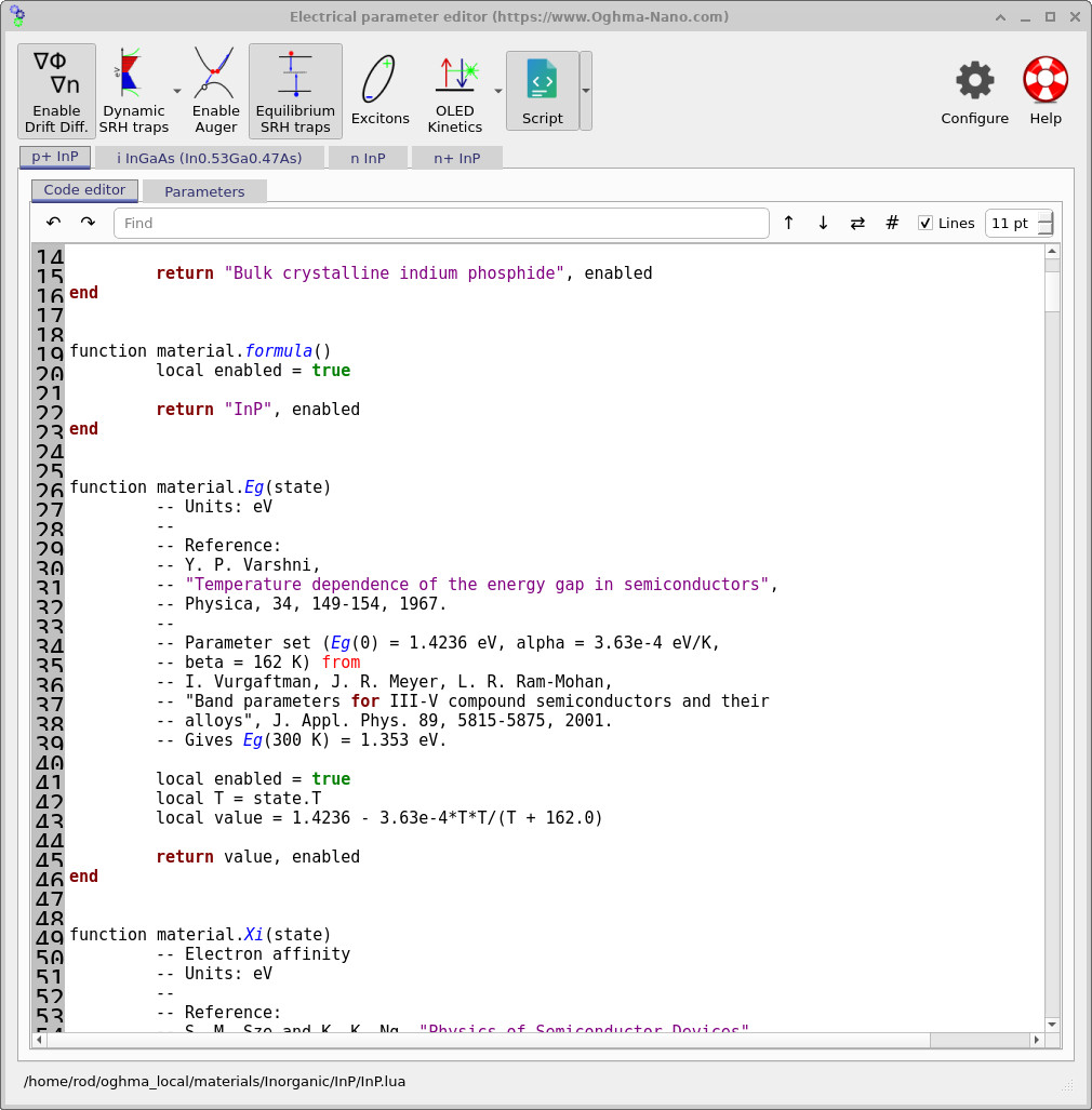OghmaNano Electrical parameter editor displaying the InP Lua material model and its temperature-dependent bandgap equation