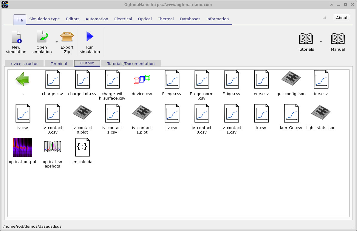 OghmaNano Output tab showing EQE, IQE and optical simulation results